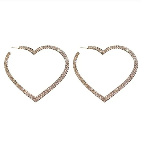 Rhinestone Heart Hoop Earrings 925 Post Gold Tone Setting - Picture 4 of 9
